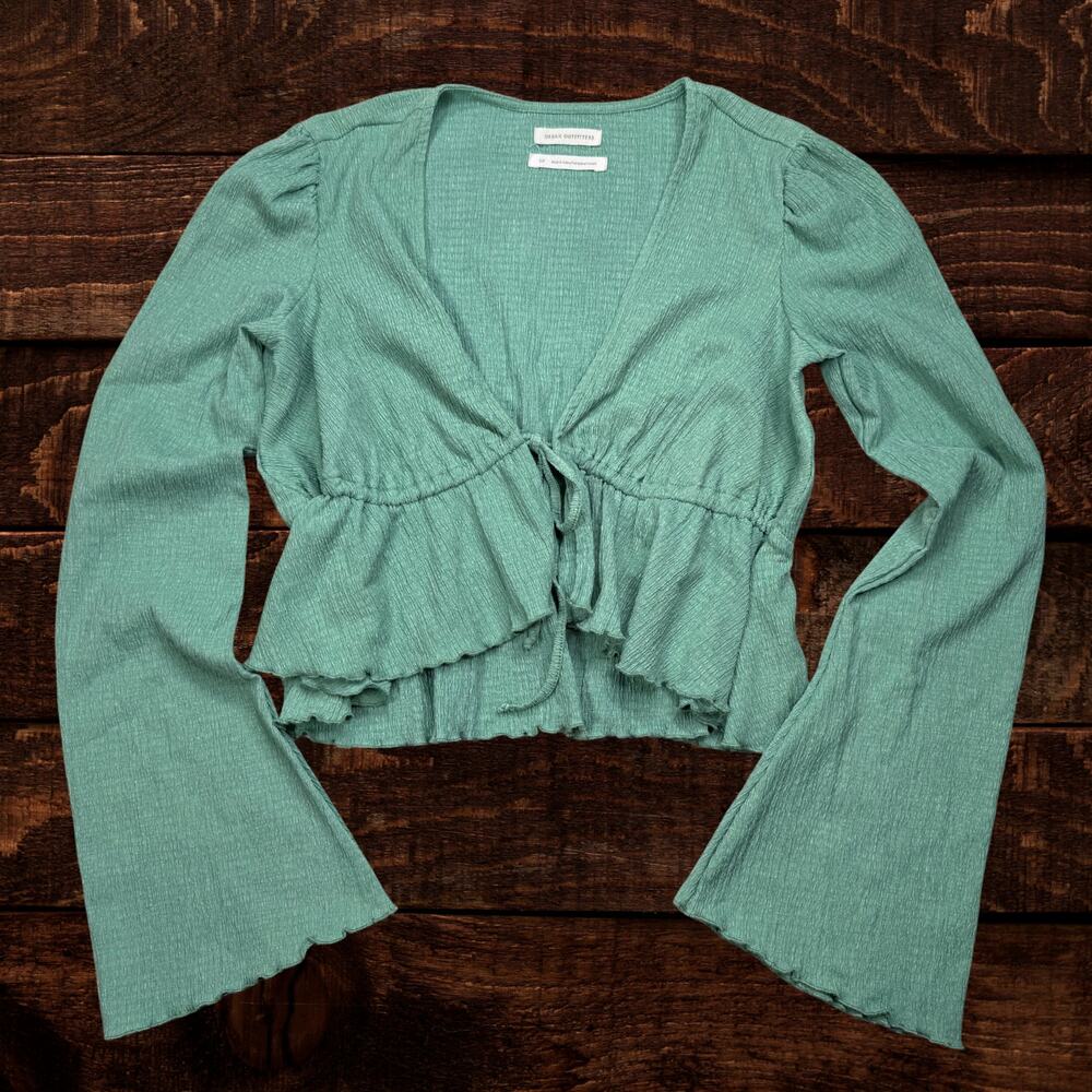 Urban Outfitters Lucielle Ruffle Tie-Front Peplum Blouse Top Green Size Small - Picture 2 of 8